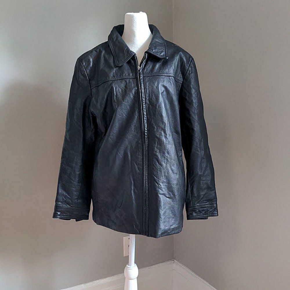 Vintage 1990s Kathy Ireland Motorcycle Jacket Leather Black Zip Front Size Large